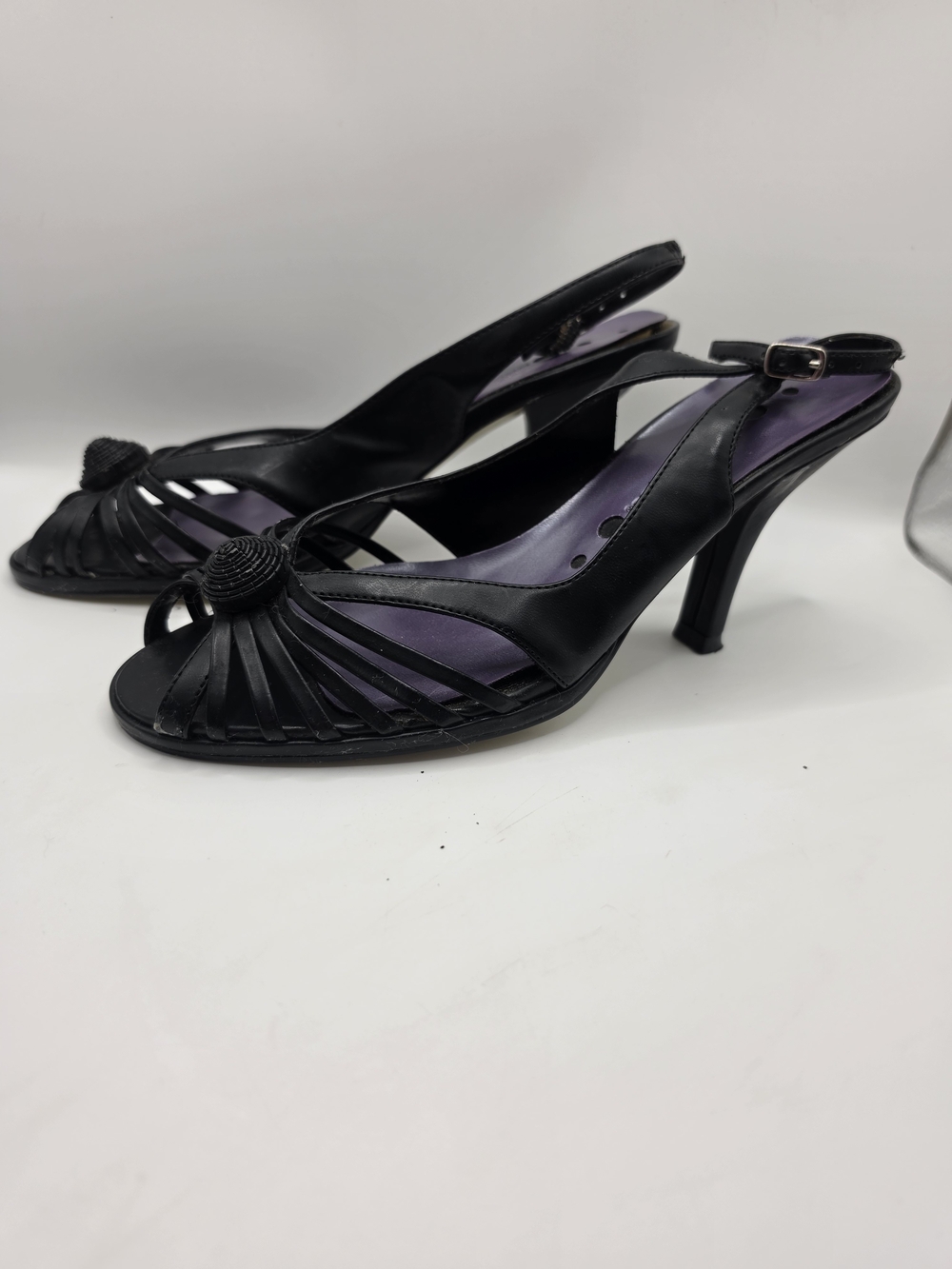 No Boundaries Katie Black Open Toe Slingback Heeled Sandals Rosette Size 8